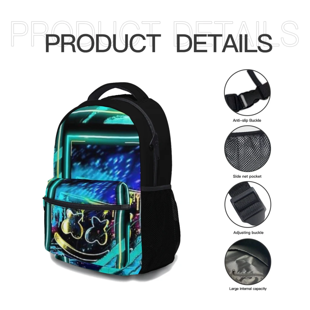 Marshmellow dj merch neon cool Backpack Backpack Bag Large Capacity Trendy Book Bag Multi-pockets Adjustable 17inch