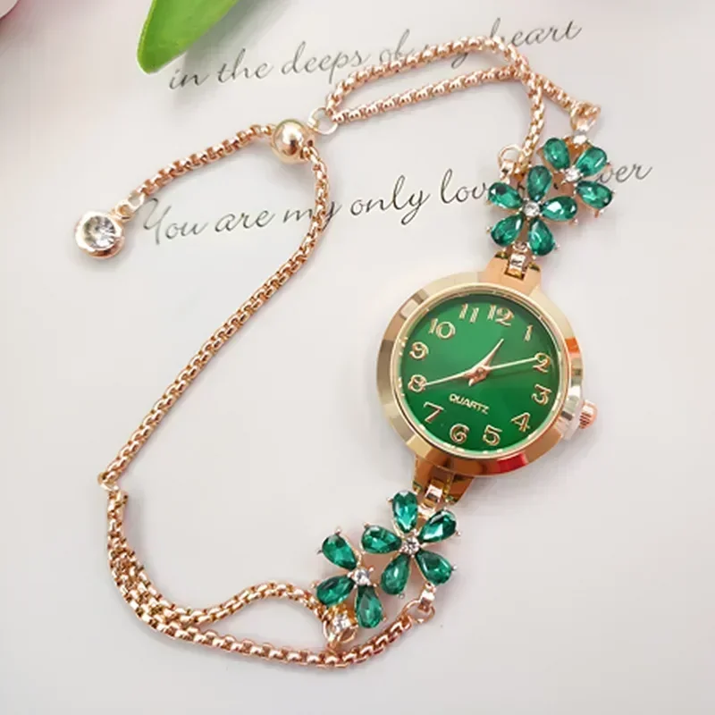 Elegant Women Flower Crystal Quartz Watch Round Pink Dial Double Layer Adjustable Chain Ladies Dress Bracelet Wristwatch image 4