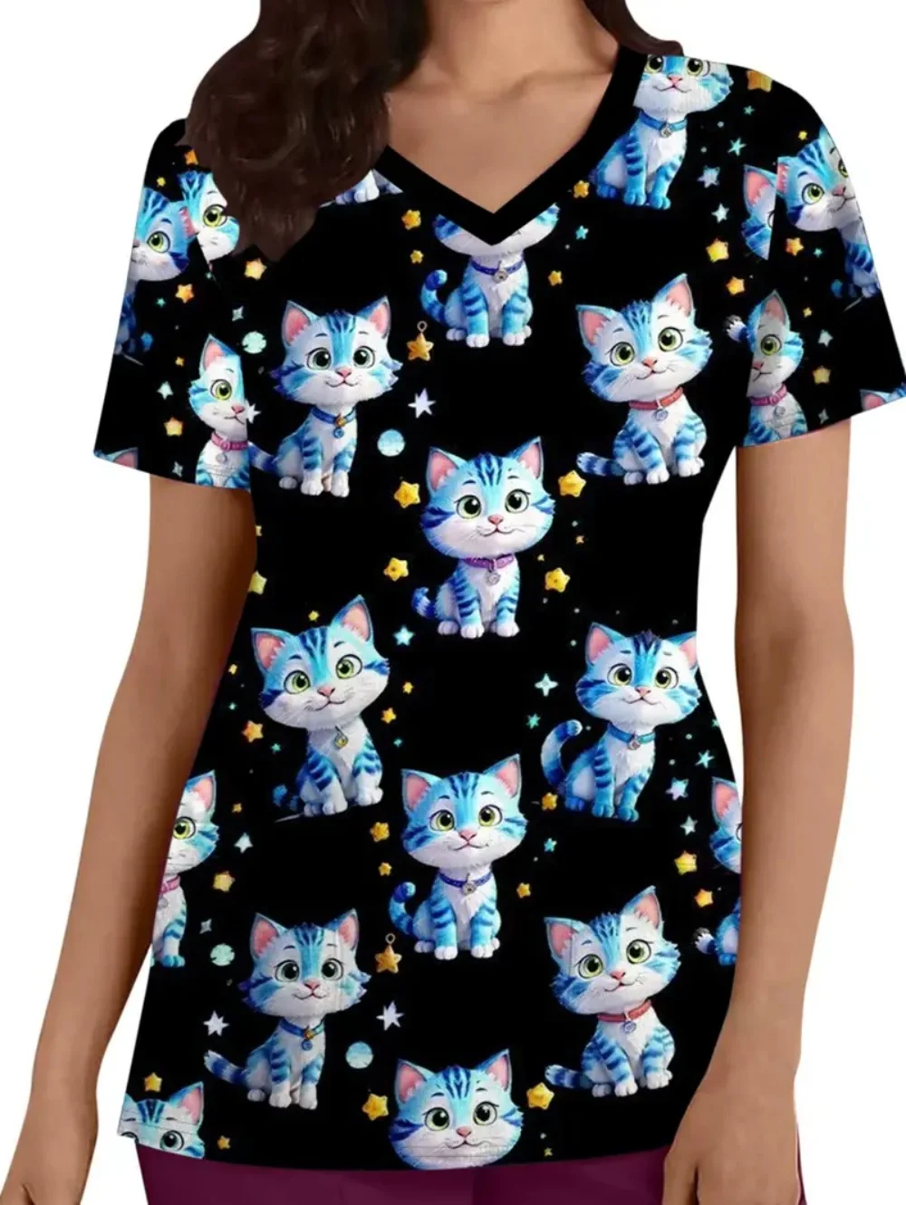 Uniforme chirurgical pour femme, motif de chat mignon imprimé, col en v, manches courtes, uniforme d'infirmière, hauts confortables avec poches, vêtements médicaux