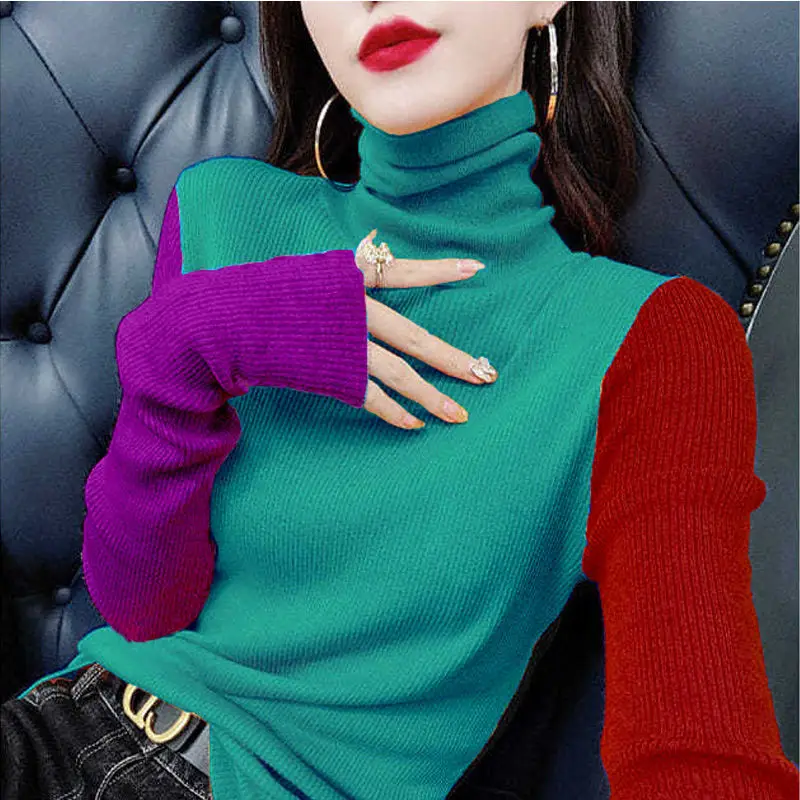 Fashion Turtleneck Long Sleeve Knitted Spliced Color Sweater Women\'s Clothing 2022 Autumn New Loose Casual Pullovers Korean Tops