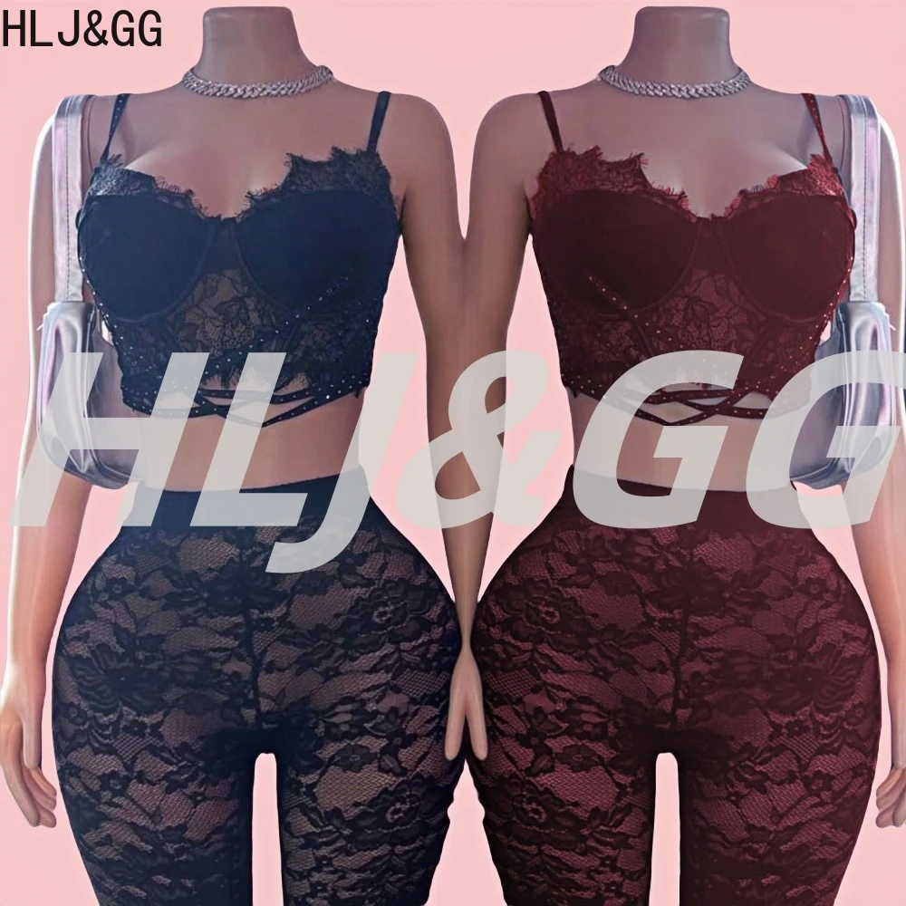 

HLJ&GG Sexy Lace See Though Two Piece Sets Women Trendy Deep V Sleeveless Tank Crop Top And Shorts Outfits Fashion Streetwear