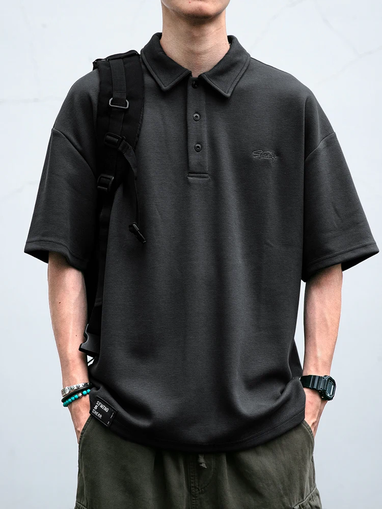 Men Summer Heavyweight Japanese Polo Shirt Loose Fit High Quality Cotton Short Sleeve Harajuku Vintage Embroidery Casual Top
