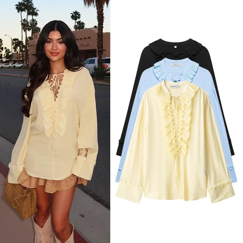 

Tierred Decoration Loose Chiffon Shirts for Women Fashion V-Neck Long Sleeve Casual Shirts Female Blouses Chic Tops