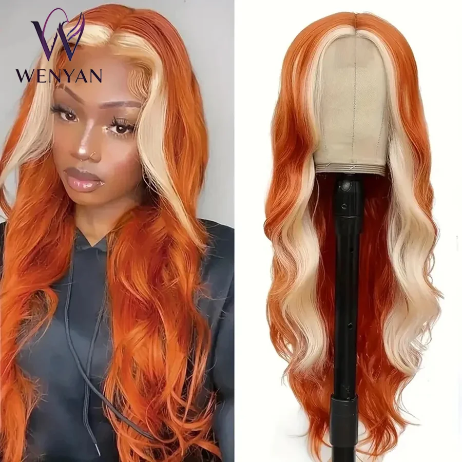 

28inch Long Wavy Orange Hair Skunk Stripe Synthetic Wigs for Women Loose Wavy Middle Part Glueless Lace Wig Blonde Heat Wig