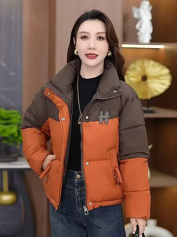 

Trendy Spliced Color Blo Thiened ort Bread Sle Women's Cotton Jaet Korean Version Loose Faionable Winter Coat