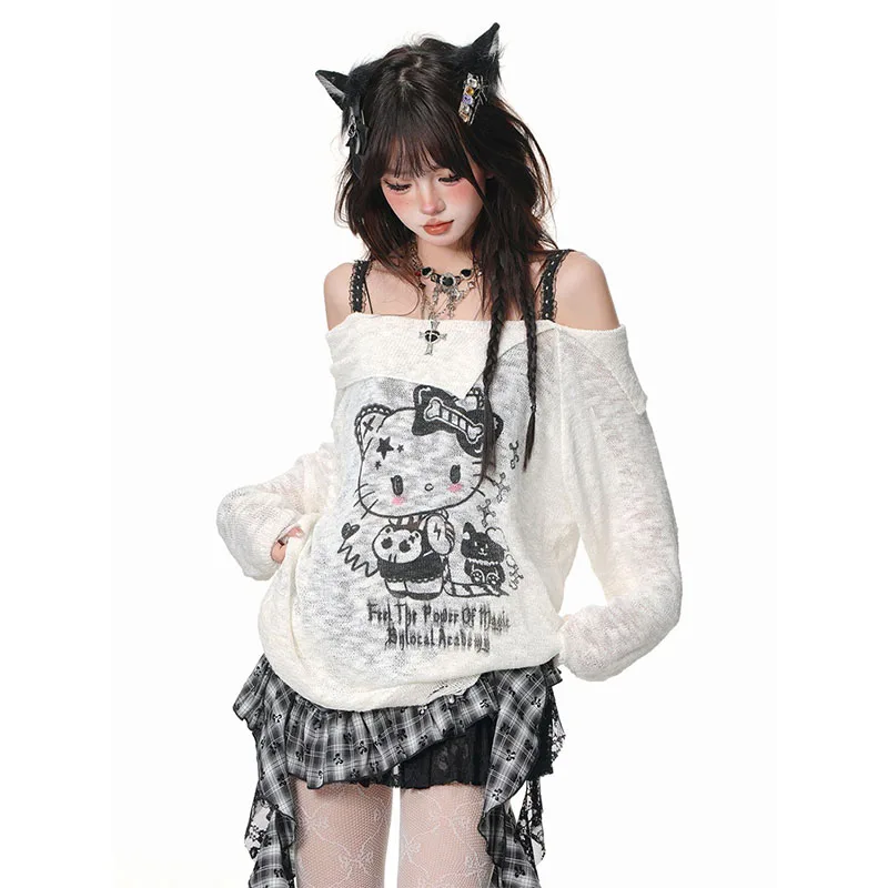 Sanrioed Hello Kittys American Style Long Sleeved T-Shirt Women's Summer Loose Y2K Spicy Girl Off Shoulder Fake Two Piece Tops