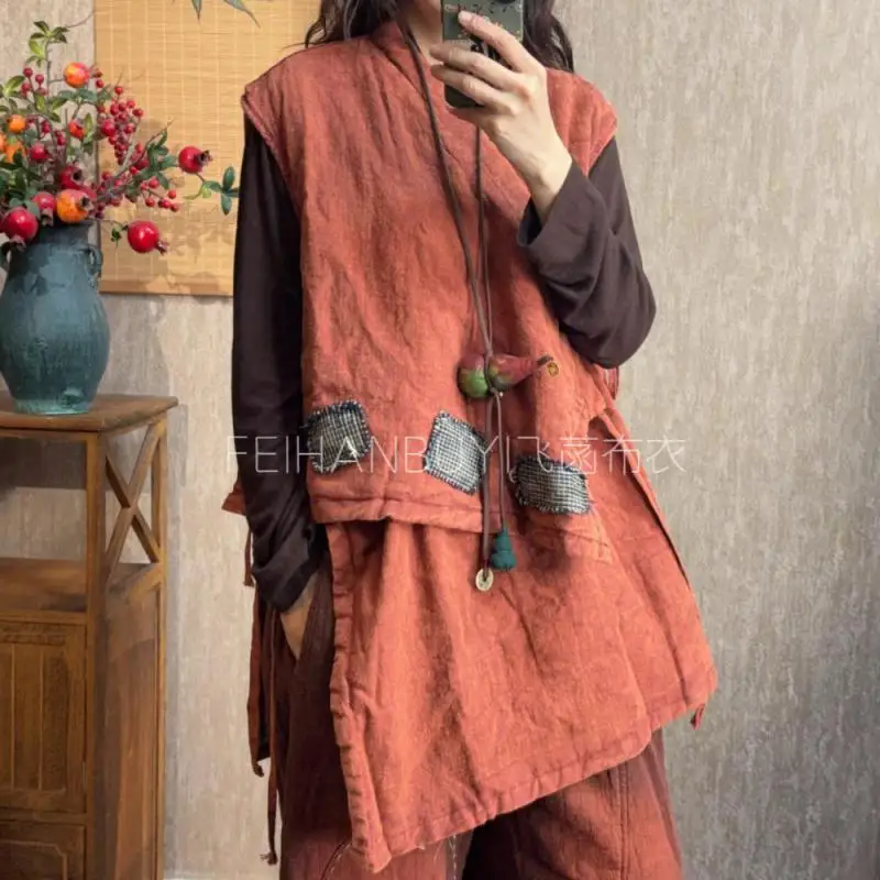 

Autumn Arts Style Women V-neck Sleeveless Loose Asymmetry Coats Vintage Patch Designs Lacing Open Stitch Cotton Linen Vest F0113