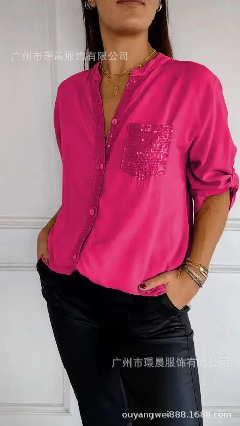 Top cardigan con tasca con paillettes e colletto rialzato da donna casual alla moda per l'estate 2025
