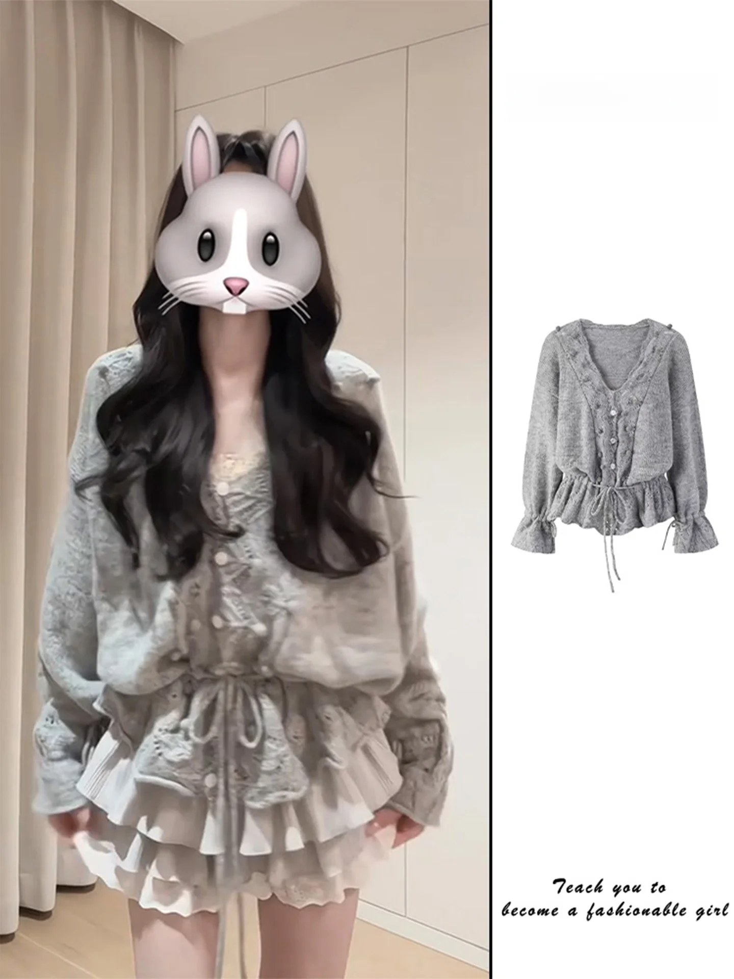 

Gray Hollow out Hook Flower V-Neck Knitted Open Cardigan Women's Loose Sweater Outerwear Waist-Cinching Cover-Up Top