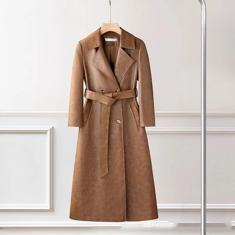 Giacca lunga da donna in pelle PU Primavera Autunno Fusciacche Giacca a vento con risvolto Cappotto doppiopetto americano High Street Fashion