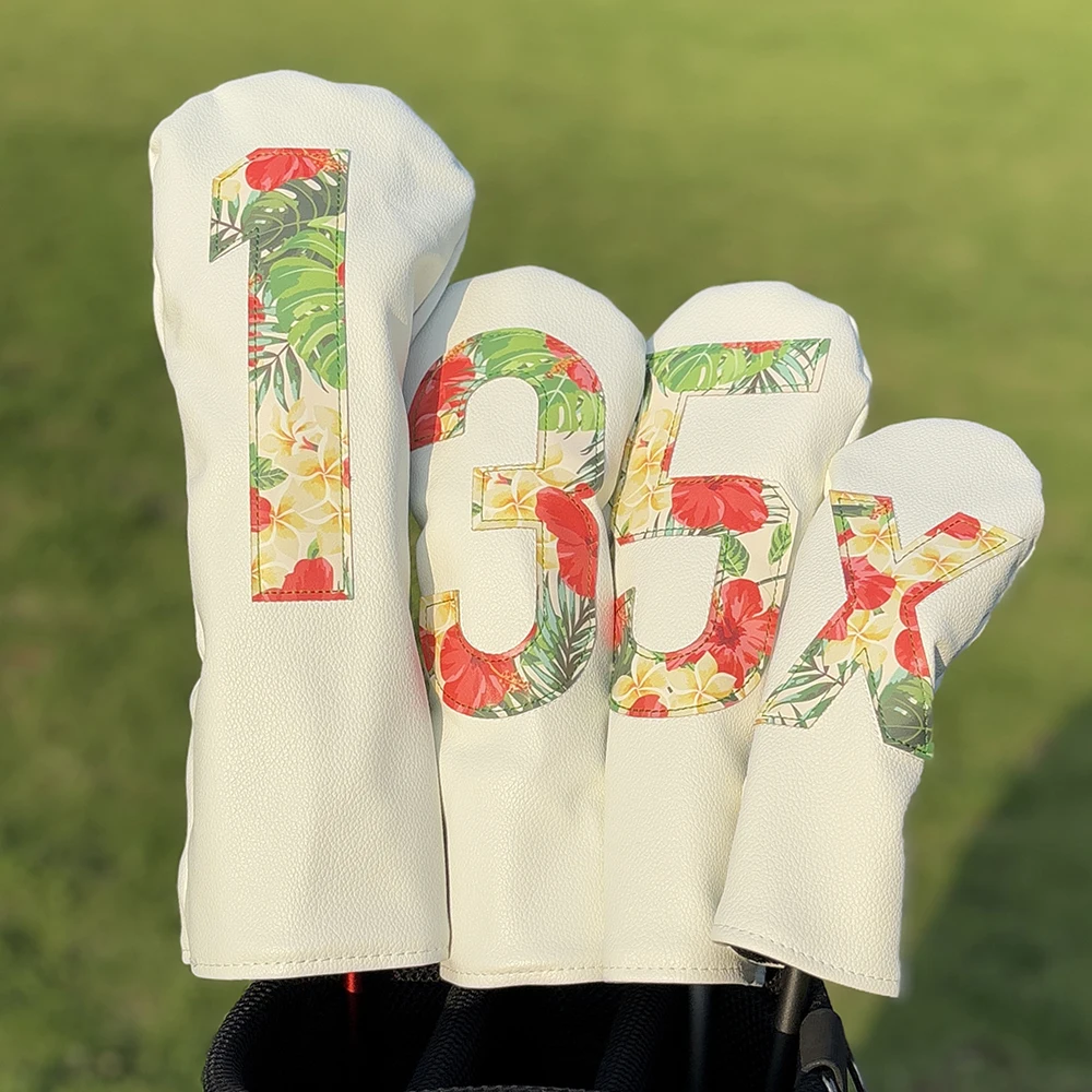 Tropical Rainforest Flower Cloth,Golf Club Driver,Fairway And Hybrid Head Cover PU Leather Head Cover With Large Number Pattern.