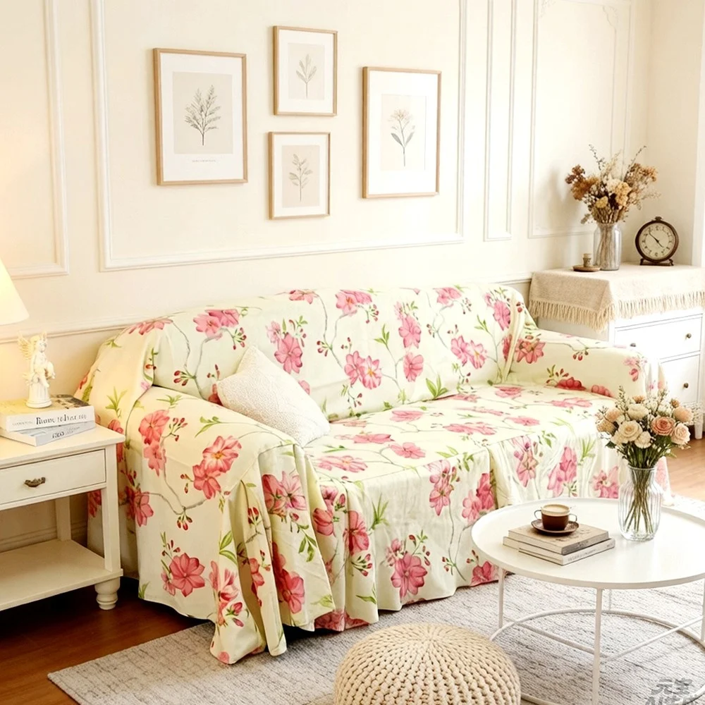 Korean Style Thicken Cotton Sofa Cover Flower Print Romantic Living Room Sofa Cover Cloth Dustproof Pink Sofa Cover With Skirt