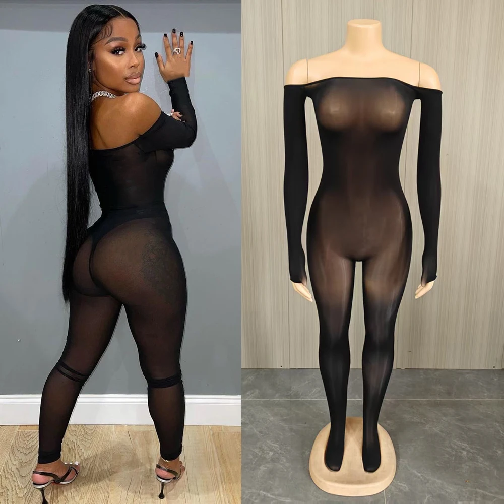JENYAGE Y2K Spicy Women Off Shoulder Sheer Mesh Jumpsuit Long Sleeve Thumb Hole Skinny See Through Party Club Bodysuit Romper
