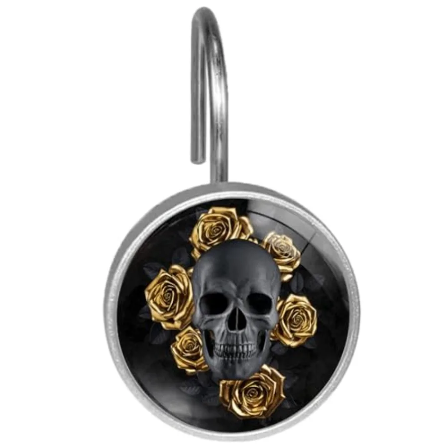 

Набор из 12 декоративных крючков для душевых занавесок с черными черепами и золотыми розами, нержавеющие металлические крючки для штор и карнизов