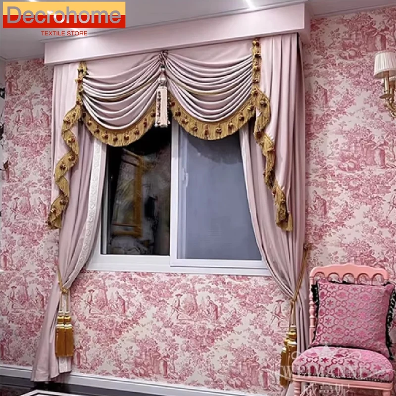 

New Pink Senior Lace Decorative Velvet Curtains for Living Room Study Bedroom Villa High Window Floor Windows Customised Valance