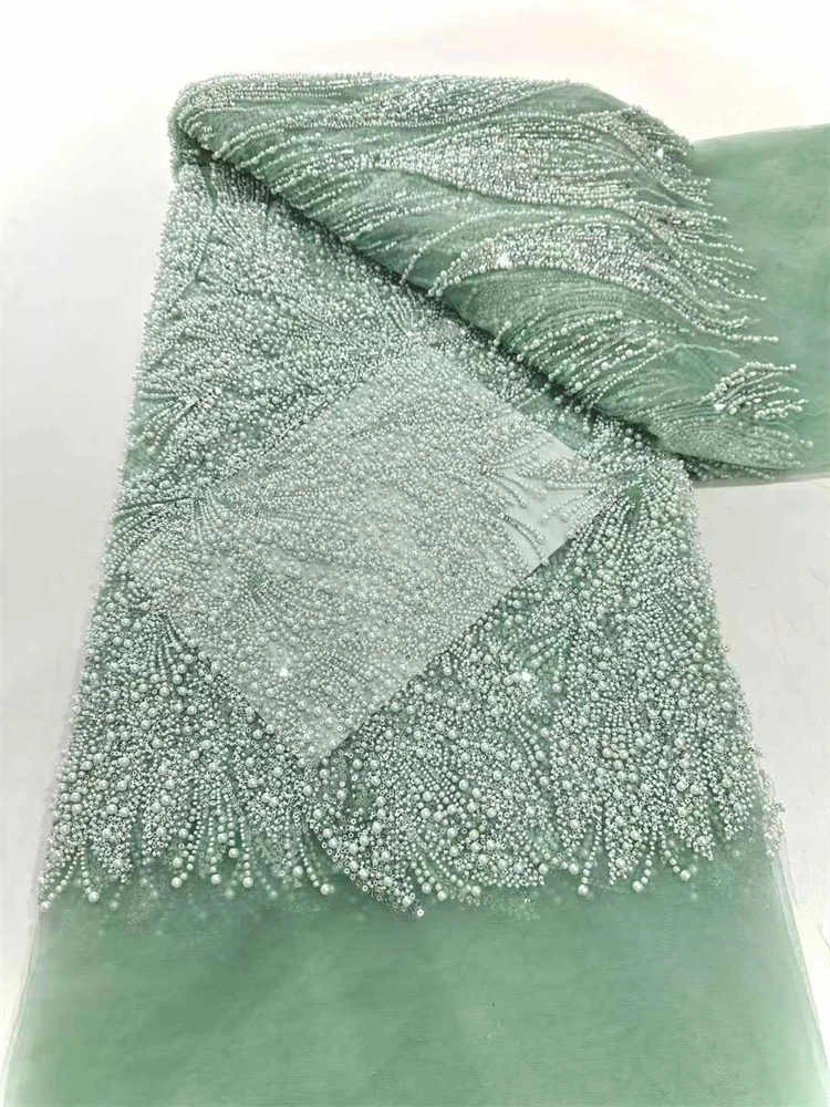 5 Yards High-end Heavy Beaded Fabric Latest African Luxury Sequins Groom Embroidery Fabric French Tulle Lace For Sewing Wedding