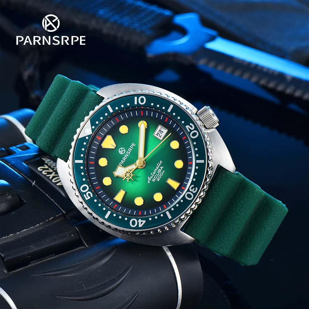 PARNSRPE Diver Men\'s Automatic Mechanical Watch Japan NH35 Movement Green Dial Rubber Strap Sapphire Glass Elegant Men\'s Watch