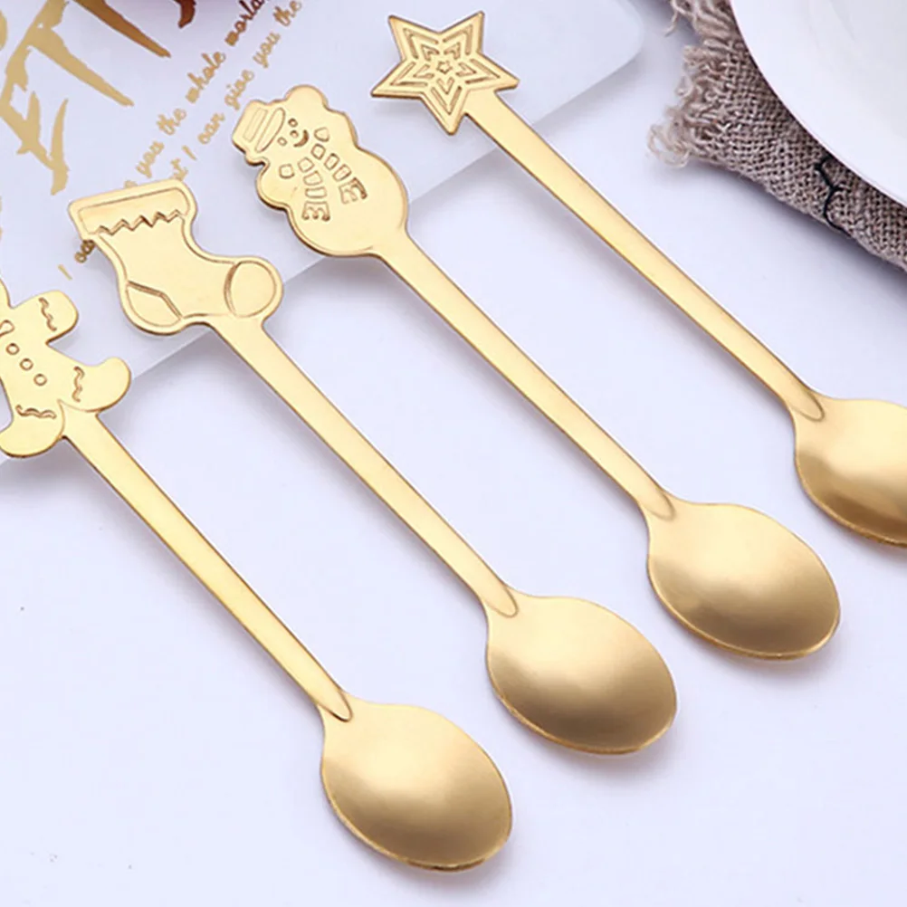 

4Pcs Coffee Spoon Christmas Dessert Golden Mixing Long Handle Mirror Polished Stainless Steel Smooth Edge Practical Gift