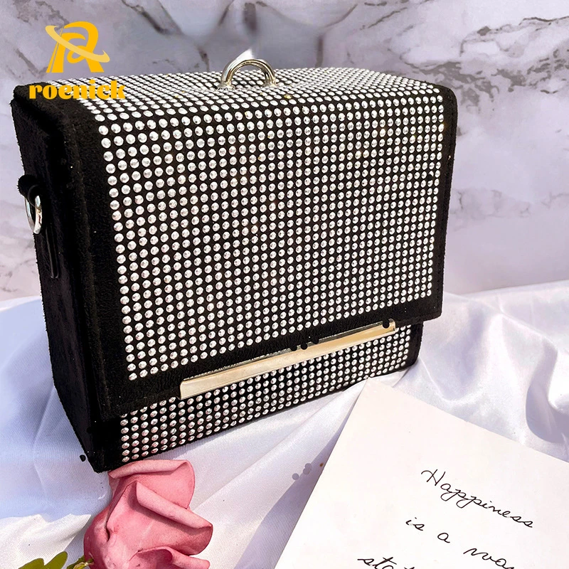 

ROENICK Women Black Diamonds Evening Bags Elegant Chain Shoulder Crossbody Handbags Luxury Designer Box Cosmetic Beaded Totes