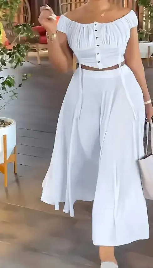 

CPSYMYM Two Piece Set Women Outfit Summer Off The Shoulder Ruched Drastring Top Casual High Waist A Line Loose Flared Skirt Se