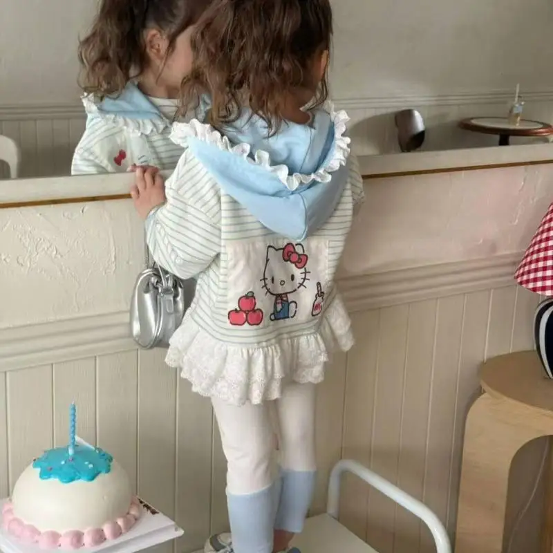 

New Sanrios Coat Girl Coat Spring Autumn Hello Kittys Child Clothing Jacket Cartoon Anime Figure Kawaii Hooded Long Sleeves