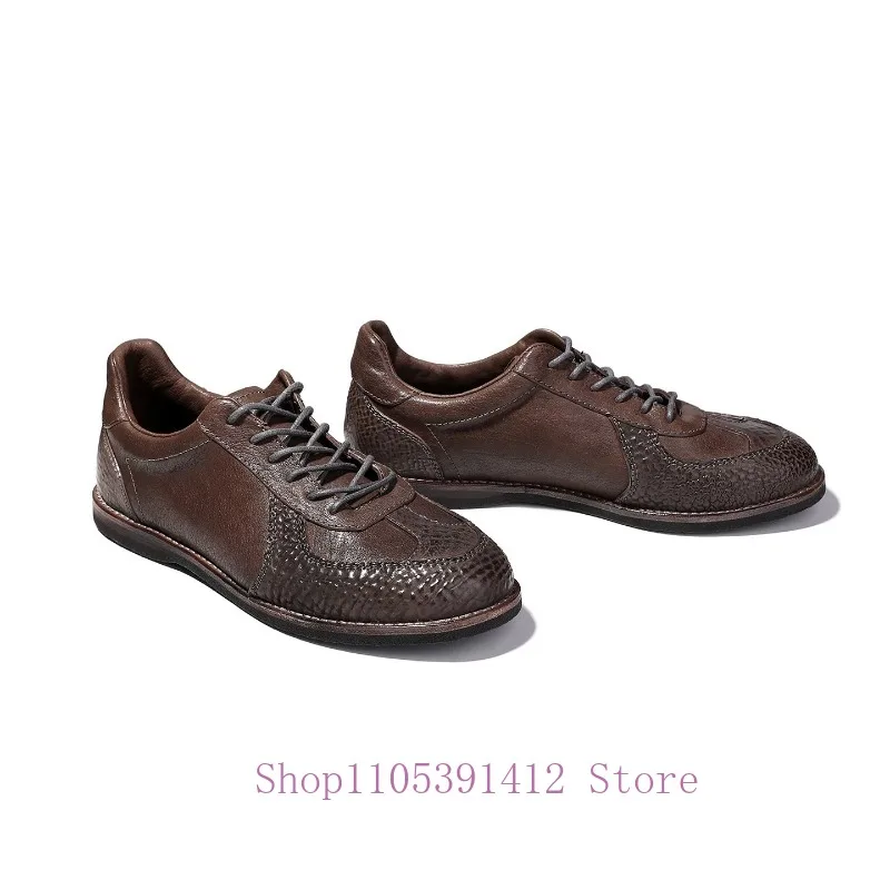 Vintage Horsehide Sneakers Patchwork Hand‑Stitched Lace‑Up Casual Daily Men Footwear Outdoor Walking Shoes