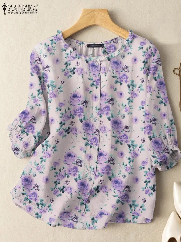 2024 ZANZEA Summer Bohemian Floral Printed Shirt Vintage Holiday Tops Tunic Casual Blouse Women O Neck 3/4 Sleeve Party Blusas