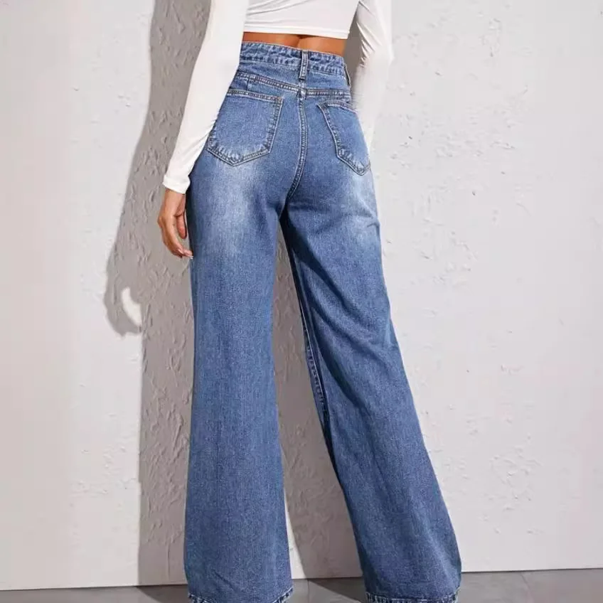 Women High Waist Jean Wide Leg Denim Pants Vintage Ankle Length Jeans Spliced Pockets Washed Zipper Fly Basics Loose Fit