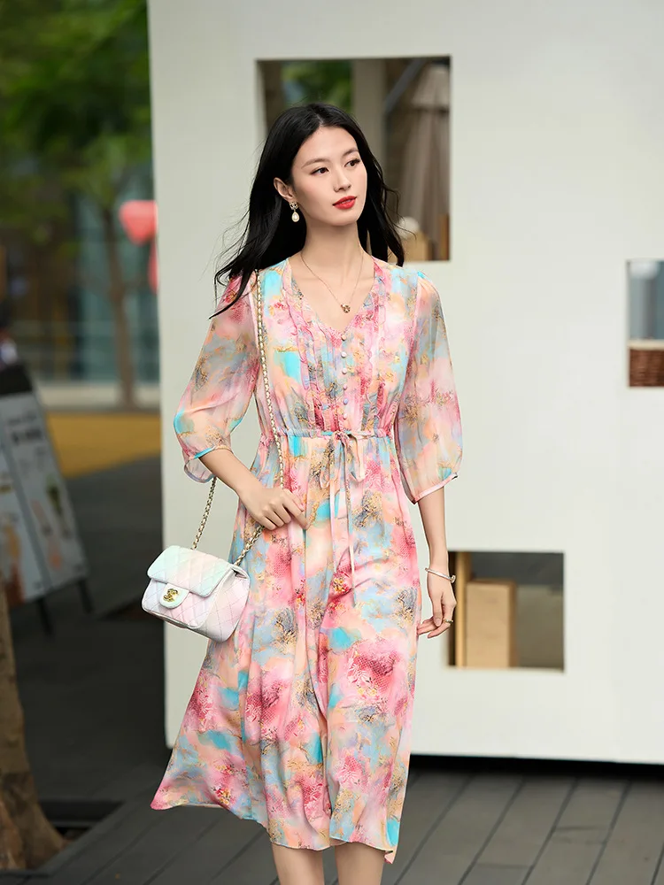 Winsleter-Vestido feminino elegante 100% seda real, meia manga com decote em V estampa floral, vestidos com babados franceses, novo verão 2025 D58267CC