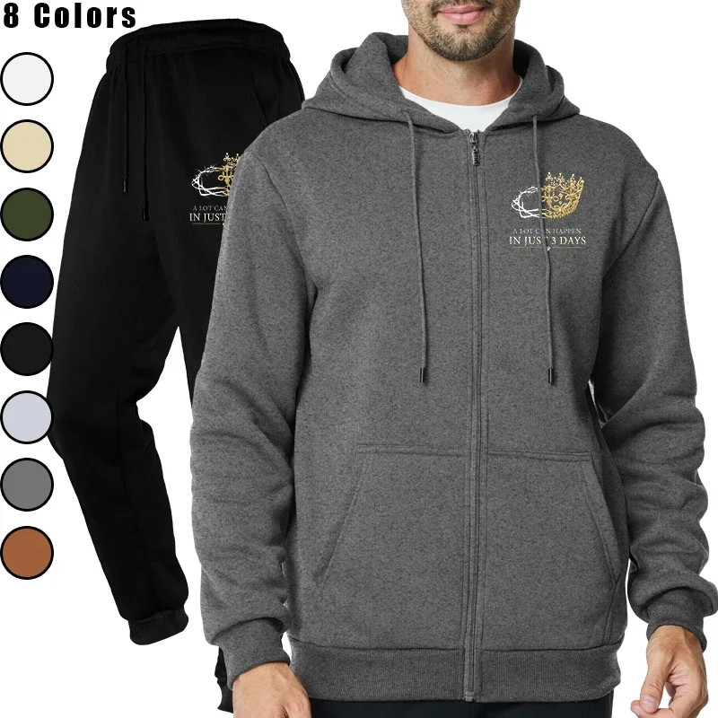 2025 Autumn and Winter New European and American Casual Zipper Fleece Sports Hat Set with Solid Color Sweater and Pants for Men
