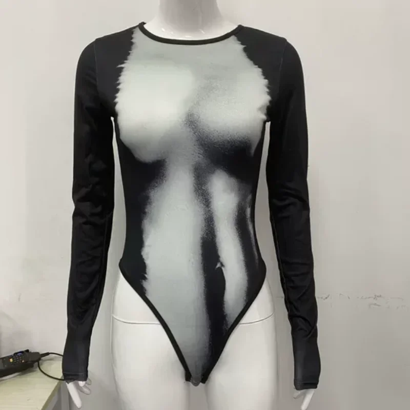 

Американская осенняя женская одежда с круглым вырезом и длинными рукавами, абстрактный принт человеческого тела, модное сексуальное облегающее боди для пикантных девушек