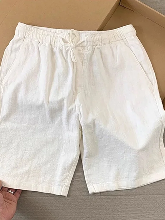 

Мужские шорты из чистого хлопка свободного кроя, повседневные прямые брюки-капри из льняного крепа для активного отдыха, летние, дышащие