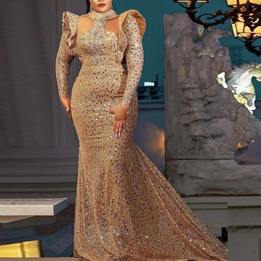 Gillter Sequined Mermaid Prom Dresses Aso Ebi Arabia Long Sleeves Robe De Soiree Sparkly Women Party Dress Sweep Train