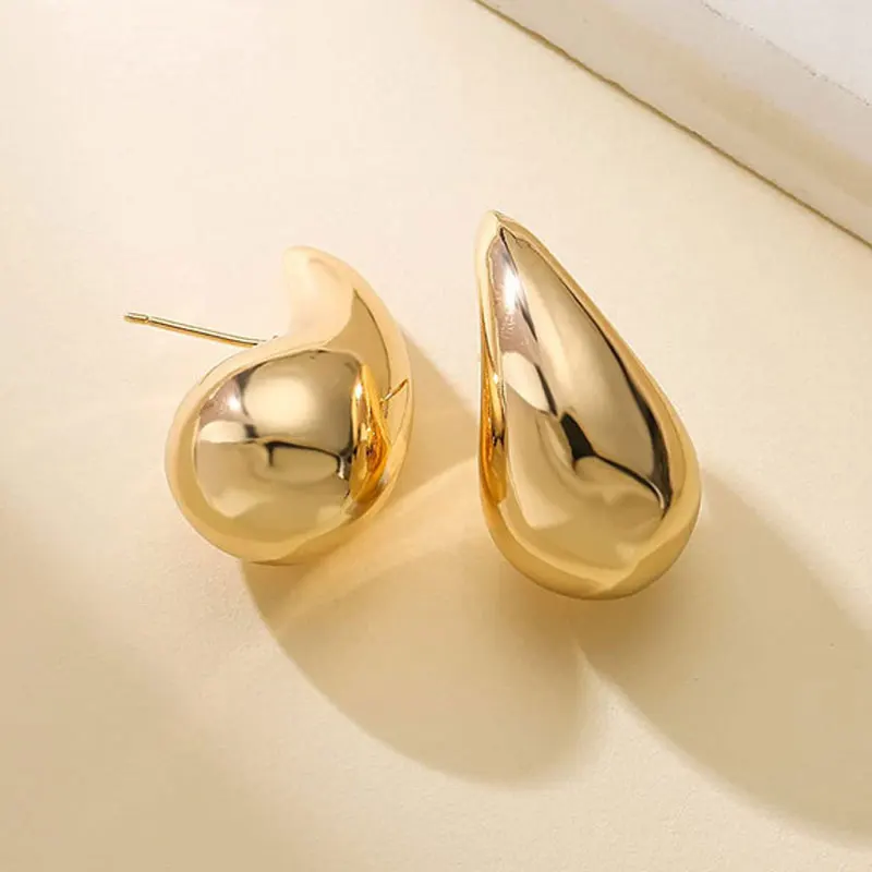 Banhado a ouro Chunky Dome Drop Earrings para mulheres, aço inoxidável brilhante, grossos brinco de lágrima, jóias vintage, atacado