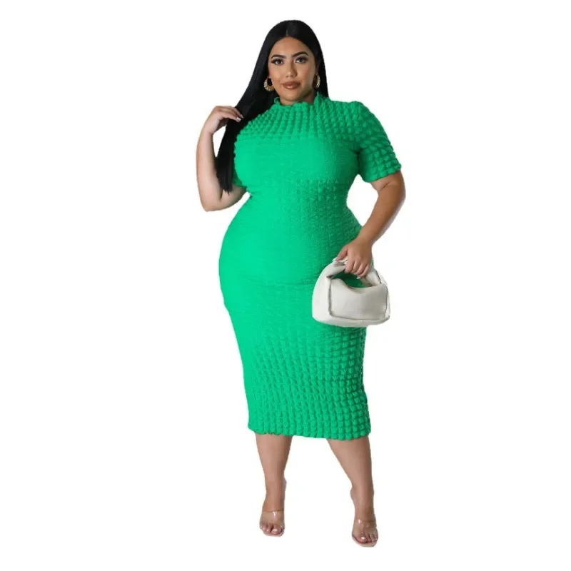 L-5XL Plus Size Women Clothing 2024 African Summer Solid Color Short Sleeve Bodycon Fat Casual Sexy Midi Dress Female Outfits