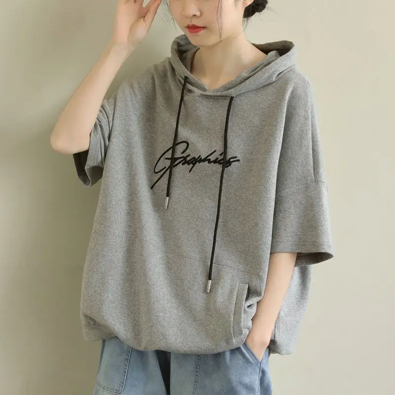 100% Cotton T Shirts Women Short-sleeved Embroidery Hooded T-shirt Summer Korean Style Loose Oversized Tops Fashion Trend Tshirt