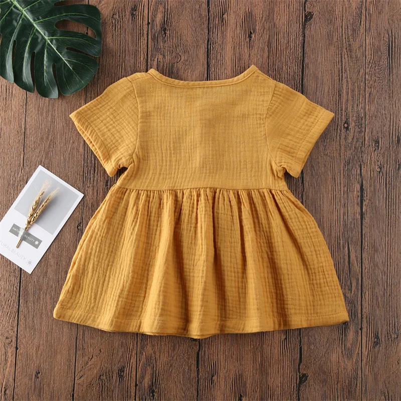 0-3Y Toddler Baby Girls Summer Dress Solid Color Short Sleeve Round Neck Button Cotton Linen Casual Dresses