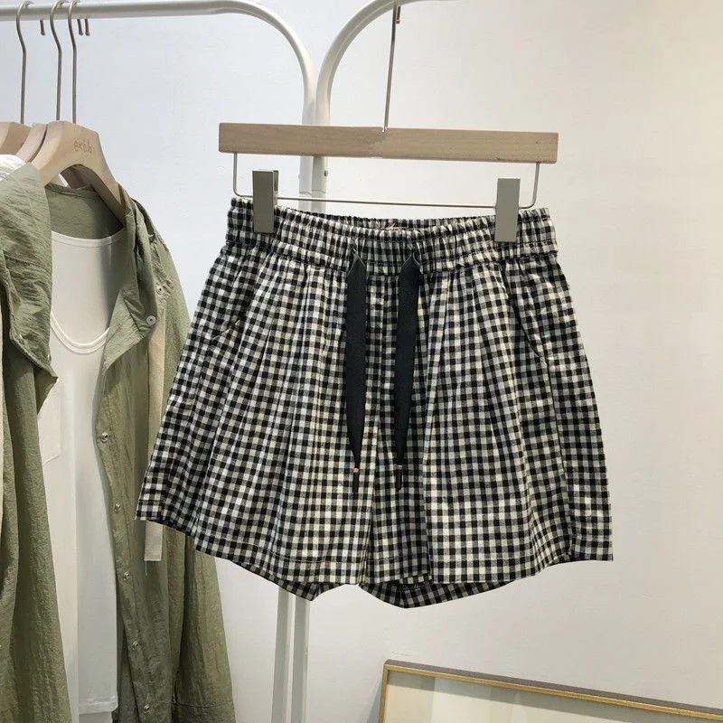 

plus Size Women's Summer Casual High Waist Wide Leg Plaid orts Comfortable Loose Fit Korean Sle plus Size Clothing