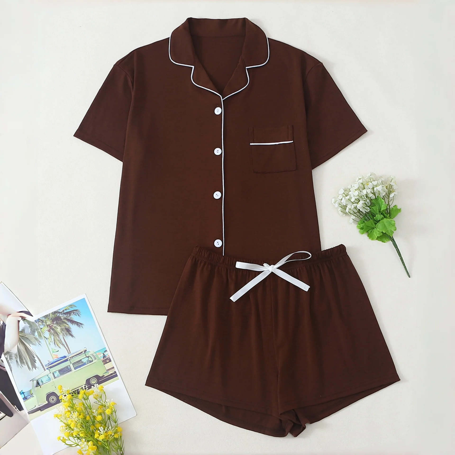 

Casual Fashion Women Pajama Set Summer New Lapel Single Breasted Short Sleeve Tops Bow Shorts 2026 New Female Home Clothing