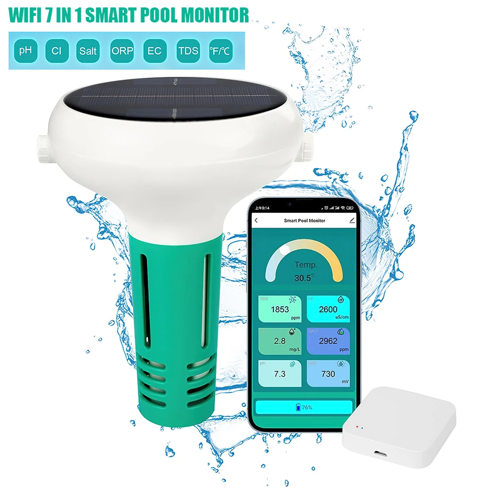 WiFi Zigbee Tuya Chlorine Meter PH/ORP/EC/TDS/Salinity/Temp/CL Pool Salt Tester Solar Charge Water ppm Monitor for Outdoor Pool