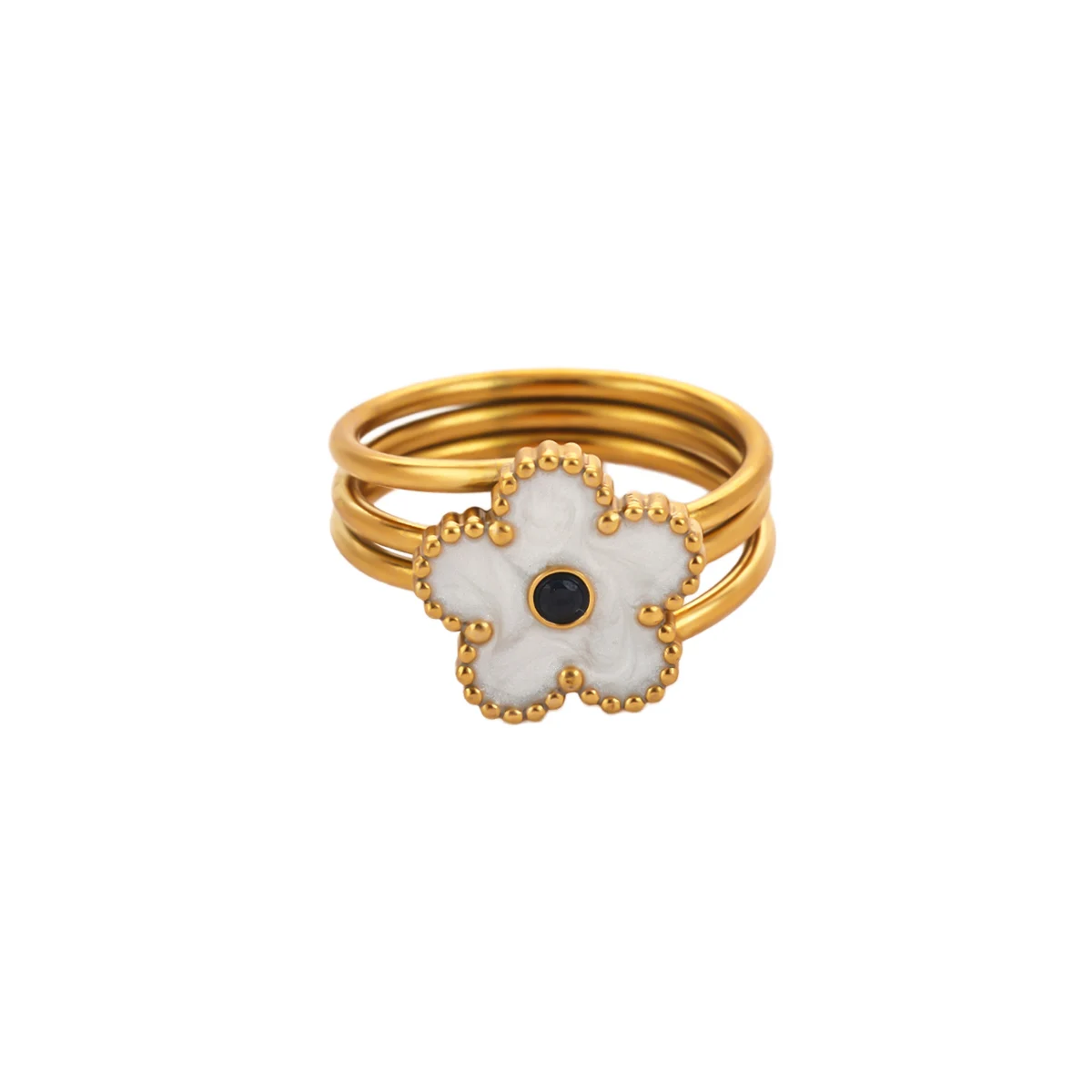 Vintage Weißer Emaille-Blumenring für Damen, Goldfarben, Edelstahl, Mehrschichtiger Gestapelter Ring mit Schwarzer Blume in der Mitte, Statement-Schmuck – Detail 7