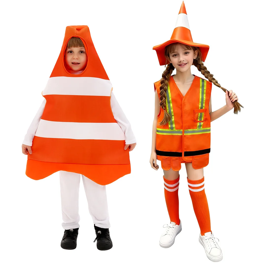 Kids Traffic Cone Light Train Engineer Occupation Role Play Jumpsuit Overclothes Set Children Halloween Cosplay Costumes