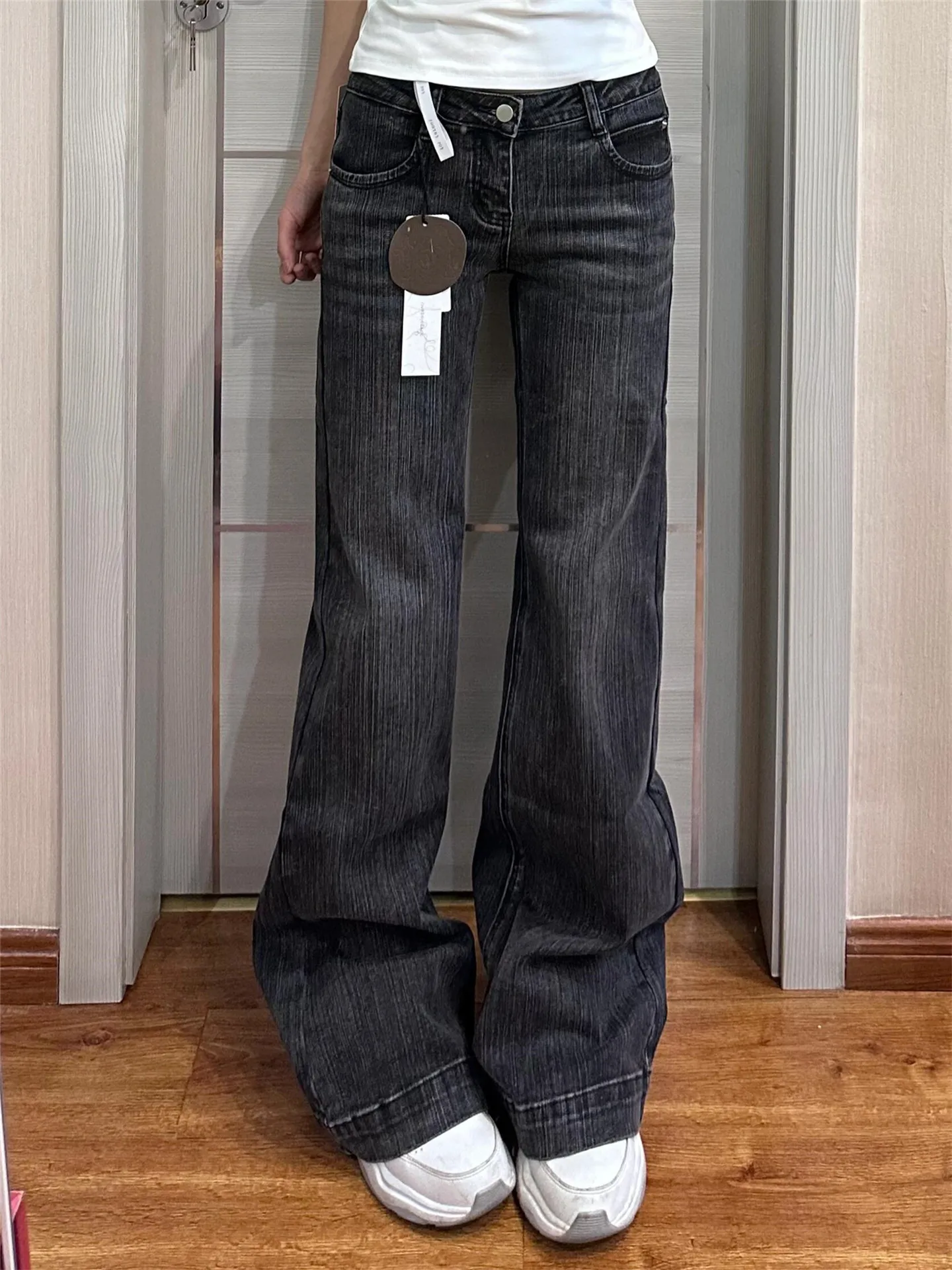 

Retro Heavyweight Loose Women's Jeans Low Waist Bell Bottoms Grey Black Autumn Winter Long Slimming Trousers Casual Cotton