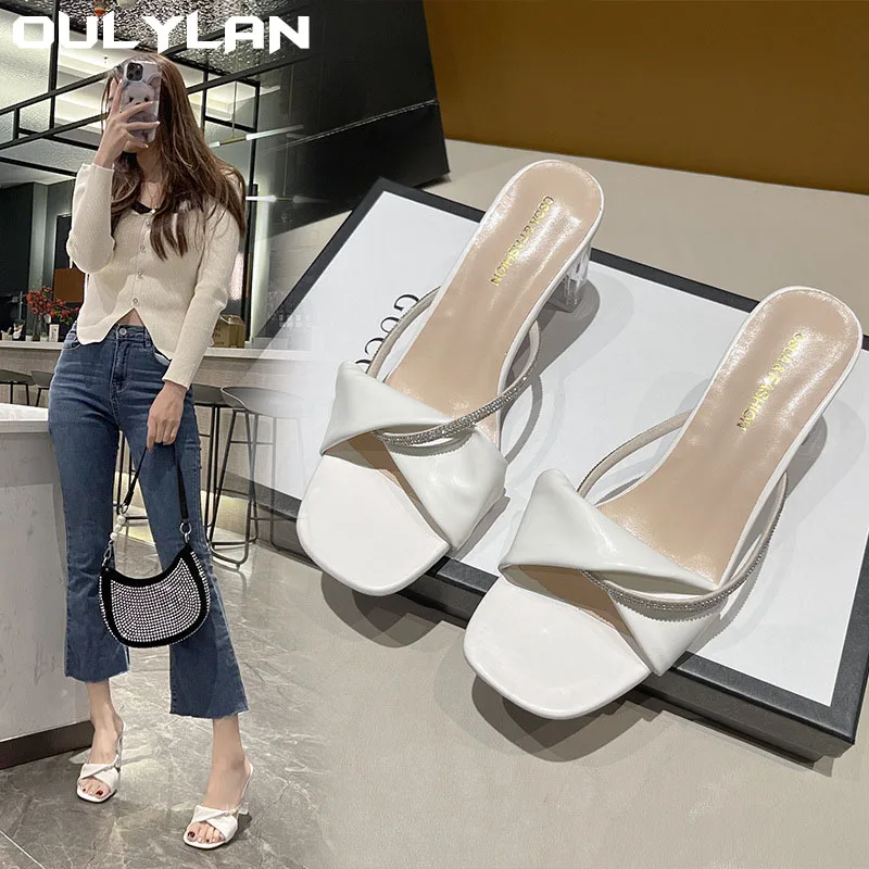 

Oulylan новые женские босоножки на высоком каблуке, тапочки, универсальные сандалии с открытым носком, тапочки с кристаллами на толстом каблуке