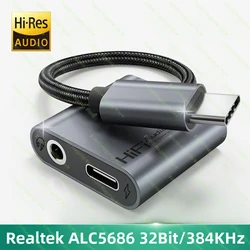 2 인 1 USB C Aux 오디오 어댑터, 3.5mm, 타입 C, PD60W 고속 충전, 32Bit, 384KHz, DAC 오디오, Aux 헤드폰 컨버터, 아이패드 삼성용