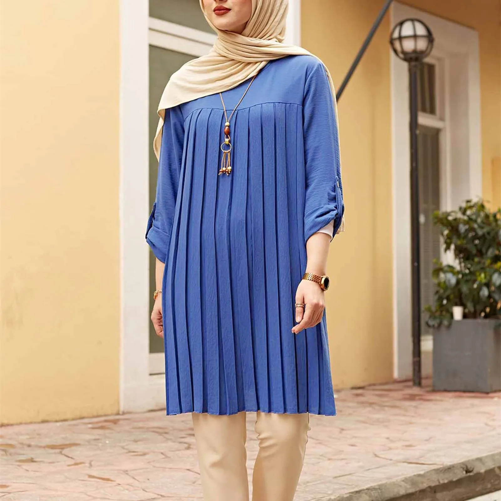 Muslim Pleated Blouse Dress For Girl Women Hot Tops Adjustable Sleeve Solid Color Shirt Islamic Wear Summer O-neck Streetwear