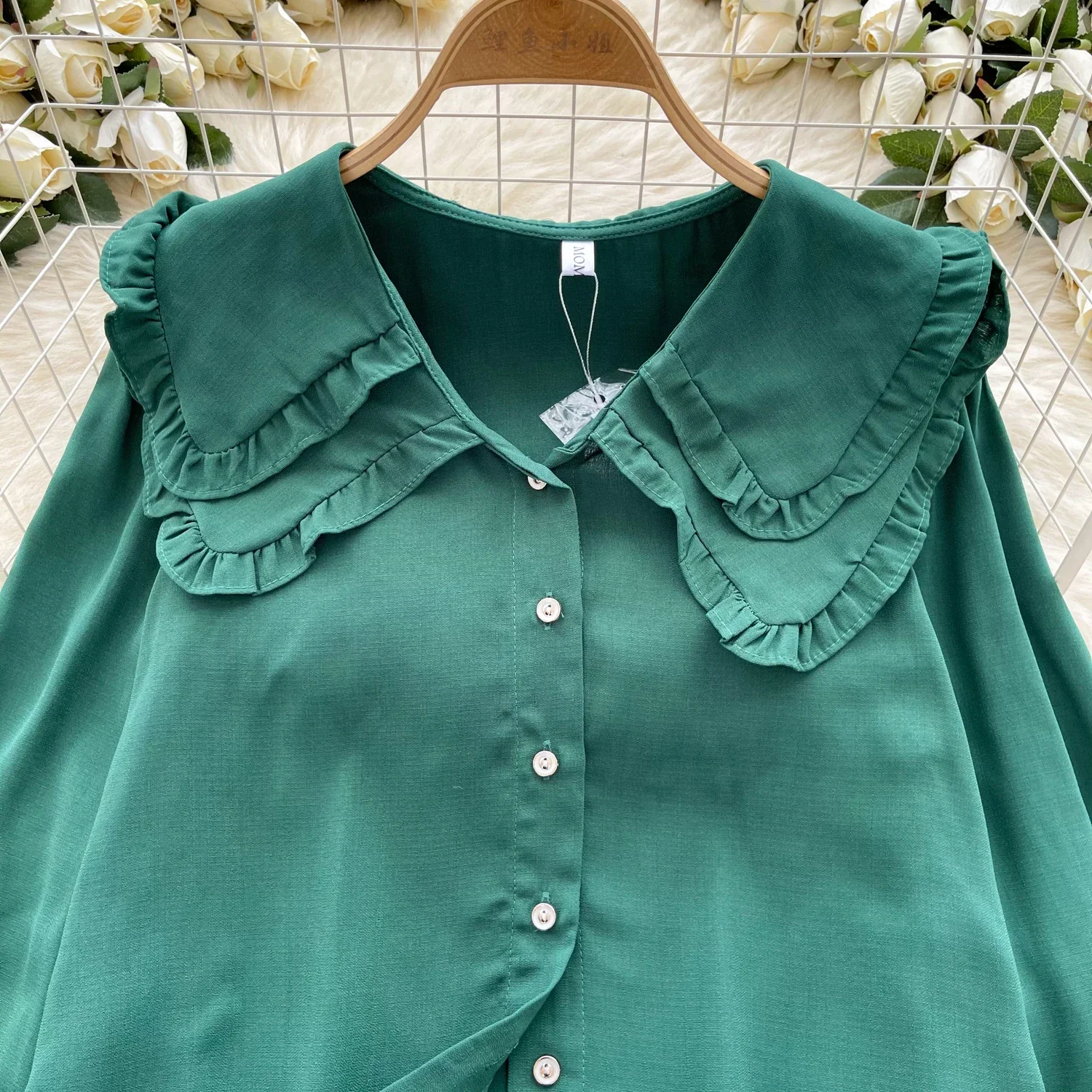 Chic Casual Peter Pan Collar Long Puff Lantern Sleeve Lace-up Blouse Slim Sexy Sweet Shirt Women Basics Luxury Fashion Y2k