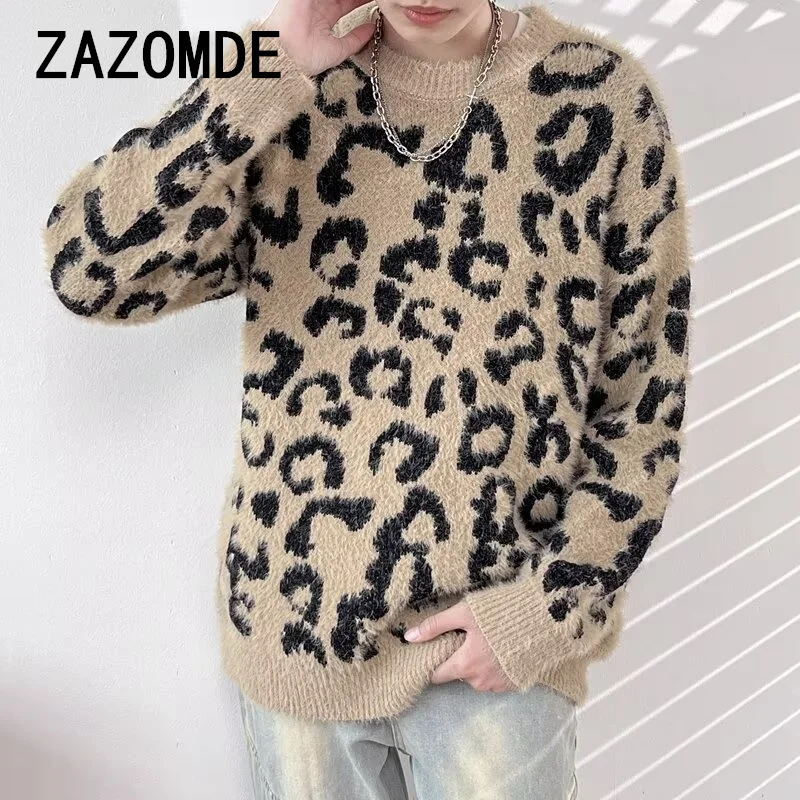 ZAZOMDE 2024 maglioni modello leopardo invernale coreano caldo lavoro a maglia inverno stampa animale pullover manica lunga Streetwear maglieria