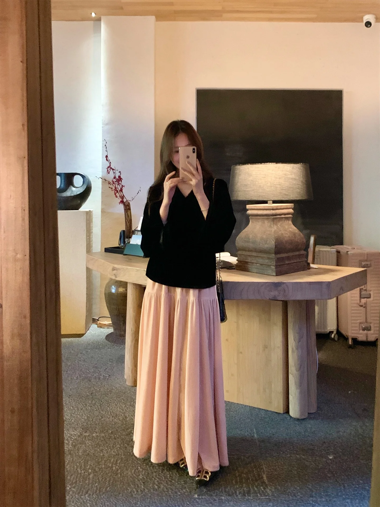 

Romantic Long Velvet Elastic Waist A-Line Skirt Women's HiMeiSong Cherry Blossom Limited Edition Casual High Waist Skirt