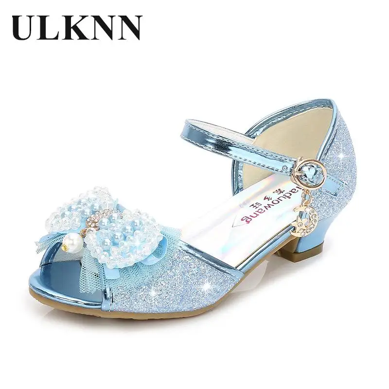 Children's High-heeled Sandals Kid's Lovely Bowknot Shoes Baby Fashion Purple Children Blue Shoes Students Girl's Party Shoes